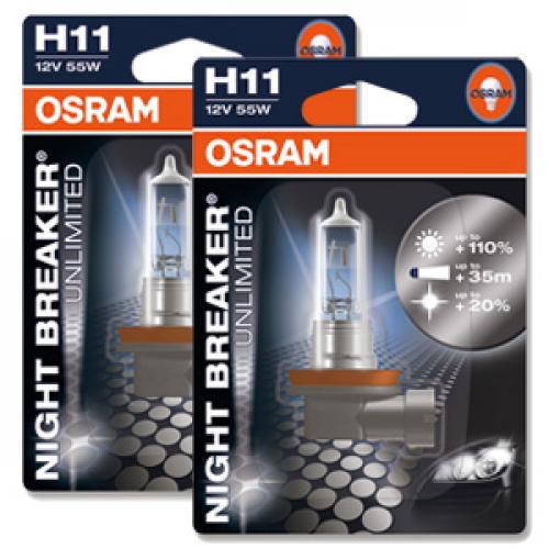 H11 OSRAM Night Breaker Unlimited +110% 12V 55W Halogen Bulbs (Pair)
