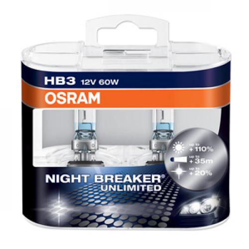 HB3 OSRAM Night Breaker Unlimited +110% 12V 60W 9005 Halogen Bulbs (Pair)